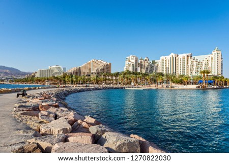 Beauty view on Eilat from pier at Red Sea. Eilat, Israel Royalty-Free Stock Photo #1270822030