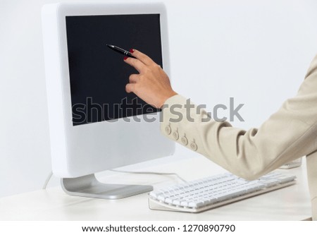 The businesswoman using Computer pc. Black screen and white background. Isolated image.