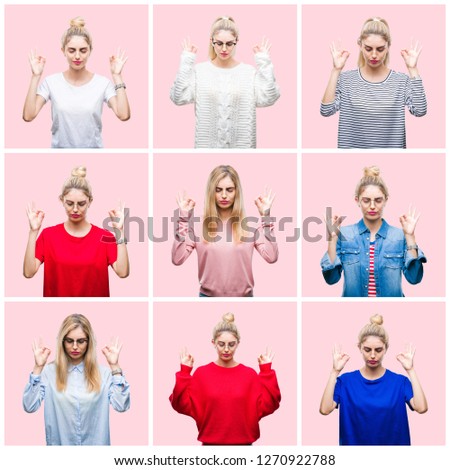 Collage of young beautiful blonde woman over pink isolated background relax and smiling with eyes closed doing meditation gesture with fingers. Yoga concept.
