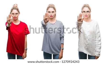 Collage of young beautiful blonde woman over isolated background doing stop sing with palm of the hand. Warning expression with negative and serious gesture on the face.
