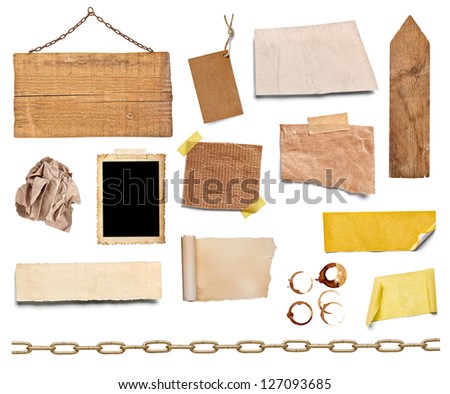collection of various grunge paper pieces and objects on white background. each one is shot separately