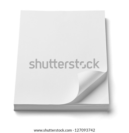 close up of stack of papers with curl on white background