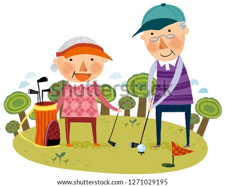 Elderly couple playing golf