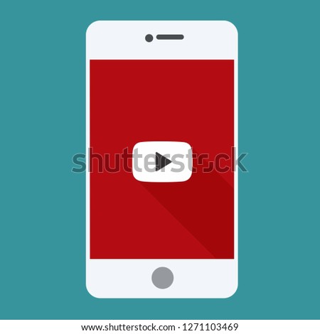 Vector tech white phone icon. On the smartphone screen sign start button video. Phone video player illustration in flat style.