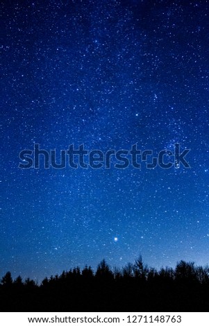 Lots of stars showing in the night sky over a forested area in the UK.