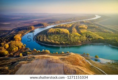 aerial view of the Danube river shore in summer, Dobrogea, Romania