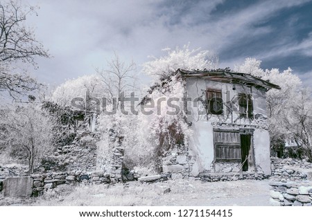 old greek house with white snowy foliage 720nm infrared photo