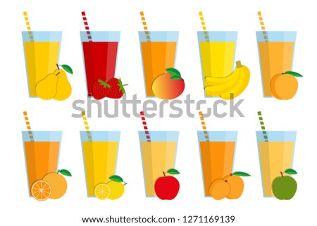Set of fresh fruit juices and cocktails, fruit smoothie collection isolated on white background, pear, strawberry, mango, banana, peach, orange, lemon, red apple, apricot, green apple