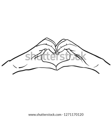 Hand-drawn vector comic hands of a woman shaping a heart and symbolizing love. Red heart, white hands, isolated graphic.