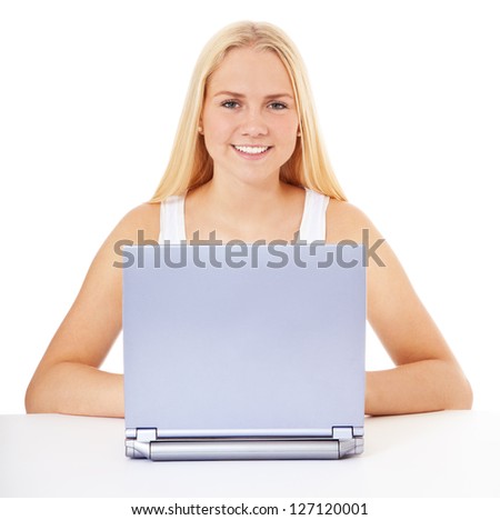 Attractive teenage girl with laptop. All on white background.