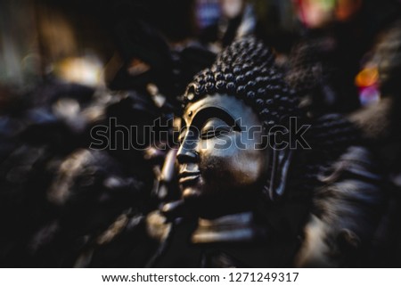 Statue of a Black Buddha in the light of the setting sun with everything else blurred around it