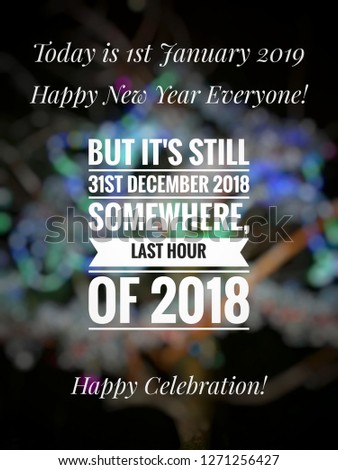 Text label with blurred background of Christmas lights, Happy New Year 2019