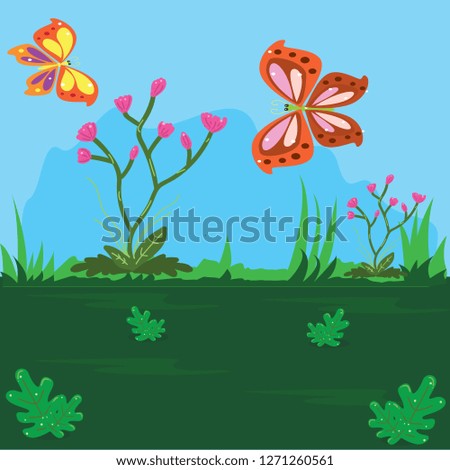 Illustration of a butterfly perched on a shrub plant with red flowers in the garden