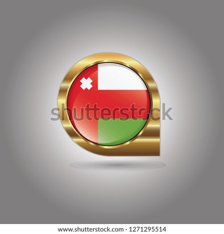Flag of Oman, button with the reflection of light and shadow, gold frame, Icon country. Realistic vector illustration on gray background.