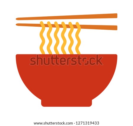 Ramen noodle soup bowl with chopsticks flat vector color icon for food apps and websites