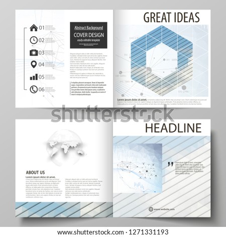 Business templates for square design bi fold brochure, flyer, annual report. Leaflet cover, vector layout. Blue color abstract infographic background made from lines, symbols, charts, other elements.