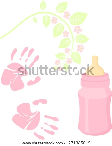 Little lady baby shower related items collection. Newborn set. Baby girl elements, handprint, baby nursing bottle. Raster pink scrapbook decor, greeting birthday postcard.
