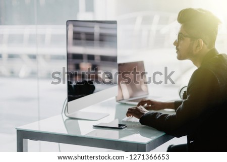 Professional Photographer Works in Photo Editing App Software on His Personal Computer. Photo Editor Retouching Photos of Beautiful Girl. Mock-up Software Design.