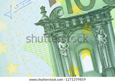 Part of one hundred euro banknote background. High resolution photo close-up macro.