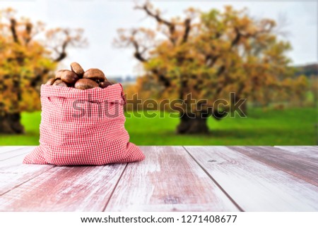Chestnuts with chestnut tree concept idea photo. Chestnuts are in red cotton sack bag and they are on the wooden table.