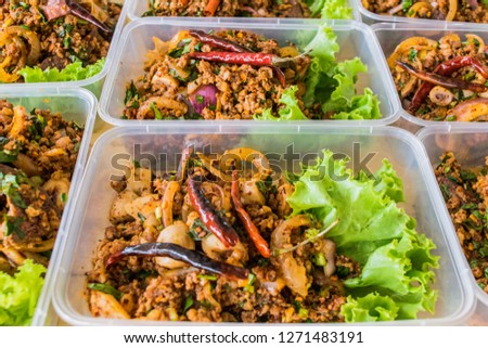 Spicy minced pork salad, famous local Thai food