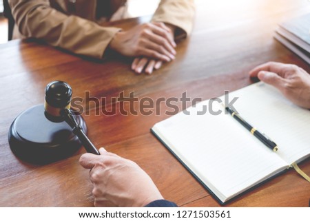 lawyer in office. Counseling and giving advice about legal legislation in courtroom to help customer, tribunal and justice concept.