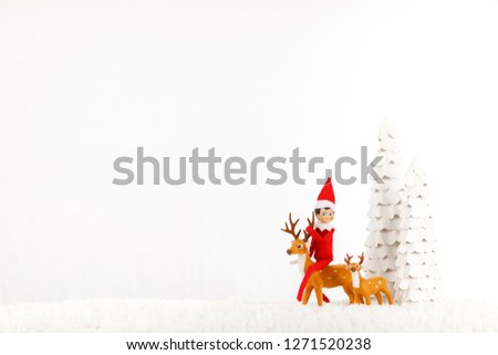 Christmas Elf riding a reindeer on a Snowy field
