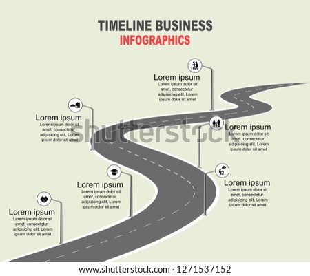 Vector template Infographic Timeline of human life with flags and placeholders on curved roads. Symbols, steps for successful business planning Suitable for advertising and presentations