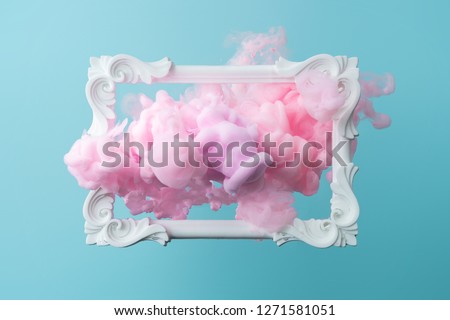White vintage frame on pastel blue background with abstract pink cloud shapes. Minimal border composition.