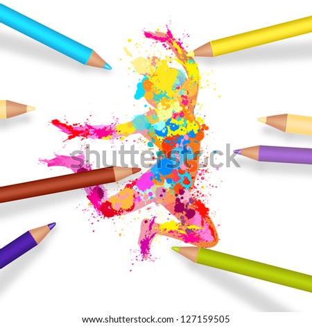 colorful paint splash girl jumping with color pencils. vector design