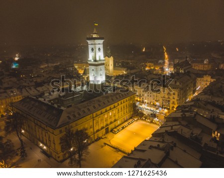 aerial view of capital building in center of european city at sunset in winter time. tourism