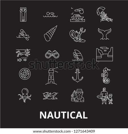 Nautical editable line icons vector set on black background. Nautical white outline illustrations, signs, symbols