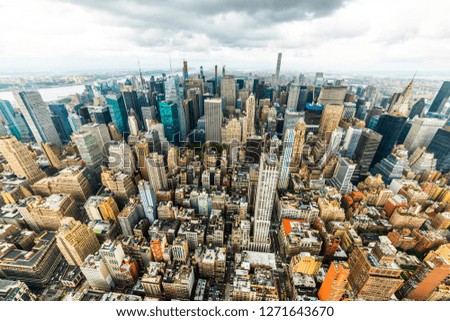 MANHATTAN, NEW YORK CITY. Manhattan skyline and skyscrapers aerial view. New York City, USA.
