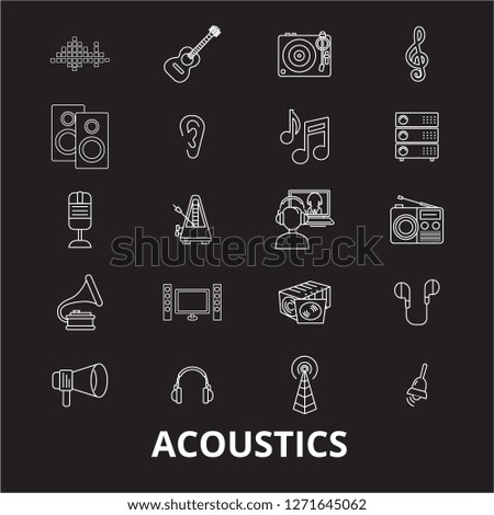 Acoustics editable line icons vector set on black background. Acoustics white outline illustrations, signs, symbols