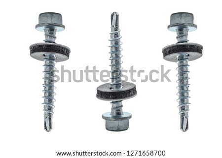 Metalware, roofing screw or tapping screw, fasteners isolated on white background closeup. Metallic hardware, set.