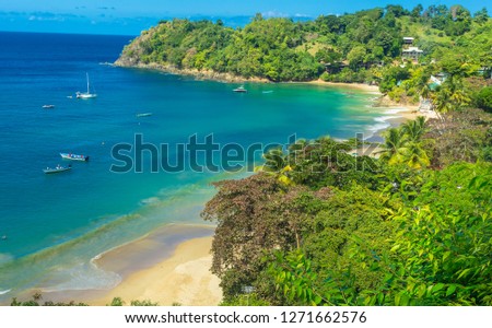 Castara is a small fishing village on the tropical island of Tobago in the Caribbean.  Often called the original Robinson Crusoe island.  Deep blue sky and azure blue ocean. Landscape, Horizontal. 