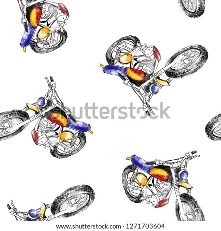 Watercolor hand-drawn motorcycle illustration , seamless pattern
