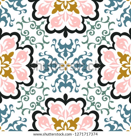 Mexican pottery Talavera. Portuguese tile azulejo. Damask floral background. Turkish ornament, Moroccan mosaic. Spanish porcelain. Ceramic dishes, folk print. Mediterranean wallpaper. Art Deco.  Royalty-Free Stock Photo #1271717374