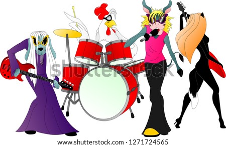 The Bremen Town Musicians: donkey soloist, rooster drummer, cat and dog guitarists Royalty-Free Stock Photo #1271724565