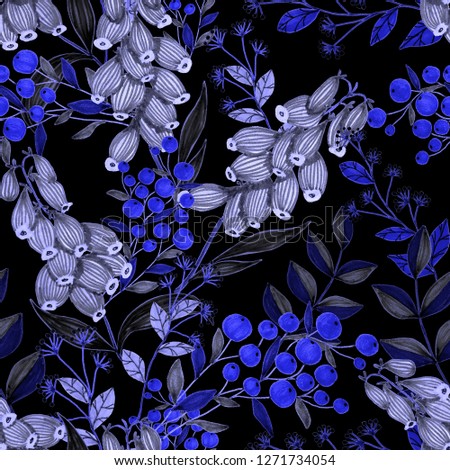Seamless pattern with hand drawn flowers and berries 
