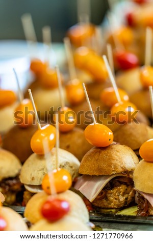 Closeup View of Small Handmade Burgers on the Table with Pickles, Tomatoes, Pork Cutlets and Salads as Ingredients - Kitchen Set, Concept of the Holiday Evening Dinner Table