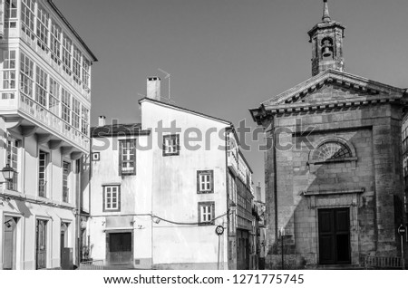 Church in Santiago de Compostela, Galicia, northern Spain, black and white image