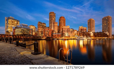 Boston harbor with cityscape and skyline on sunset, Massachusetts, Boston city, USA