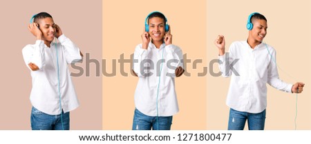 Set of Young african american man with white shirt listening to music with headphones