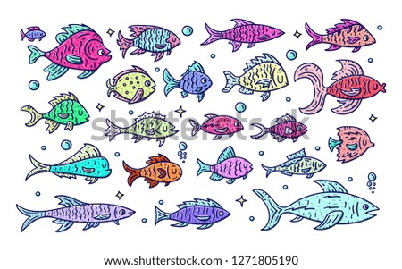 Colorful hand drawn fish collection. Doodle style isolated clipart on white background