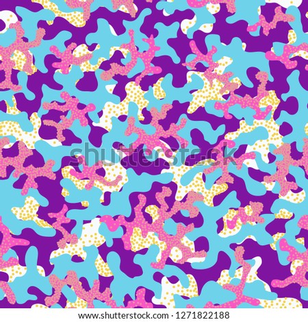 Camouflage fashion pattern seamless background. Abstract cool military texture trend shapes camouflage. Seamless pattern for children fashion cloth textile. Colorful modern style. Fabric for paintball
