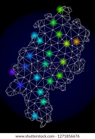 Mesh vector map of Hesse Land with glare effect. Light spots have bright spectrum colors. Abstract lines, triangles, light spots and points on a dark background with map of Hesse Land.
