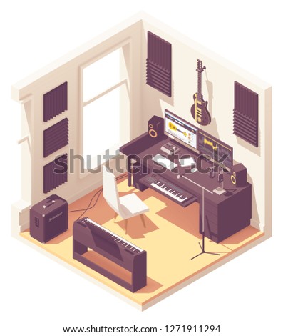 Vector isometric home music recording studio with related equipment. Keyboards, guitar, amplifier, audio interface, microphone, headphones, desk and computer with sound editing software