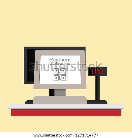 Cash register electronic QR code payment isolated on background, retail shop accepted digital pay without money, vector illustration.