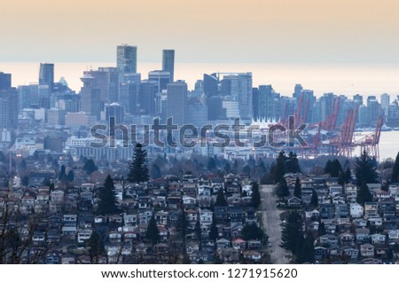 Downtown Vancouver during sunset as seen from Burnaby Mountain